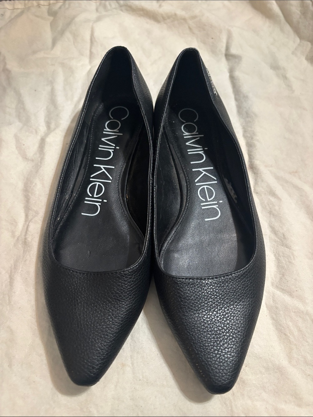 Calvin Klein Black Pointed Leather Ballet Flats